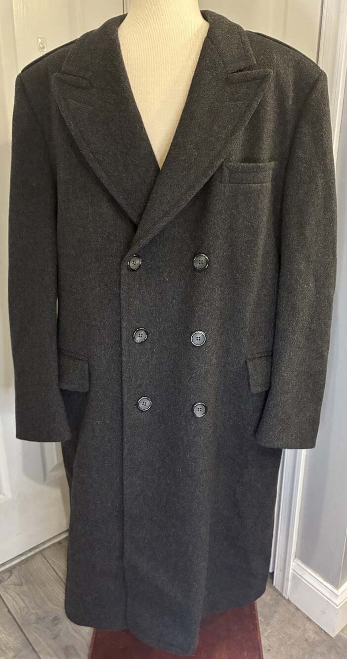 Vintage Gleneagles Mens Wool Overcoat Charcoal Gray Double Breasted Trench 44R